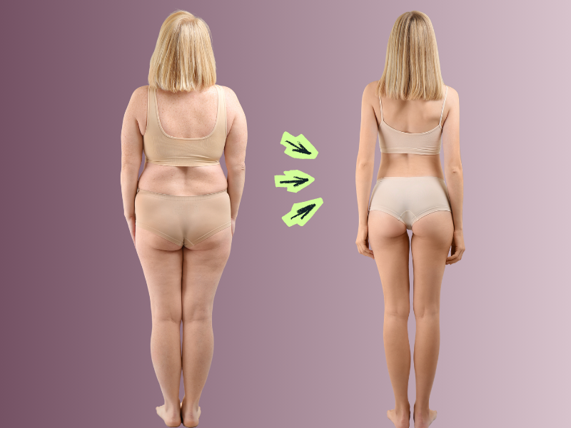 Links etwas fülligere Frau, rechts die schlanke Version derselben Frau