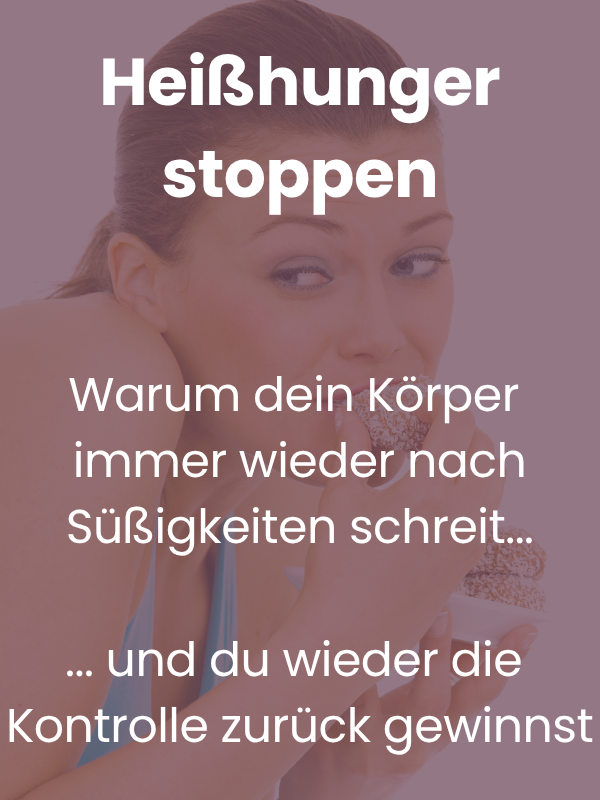 Frau schaut verlegen während sie Süßigkeiten isst und es steht da: Heißhunger stoppen, warum dein Körper immer wieder nach Süßigkeiten schreit und du wieder die Kontrolle zurück gewinnst